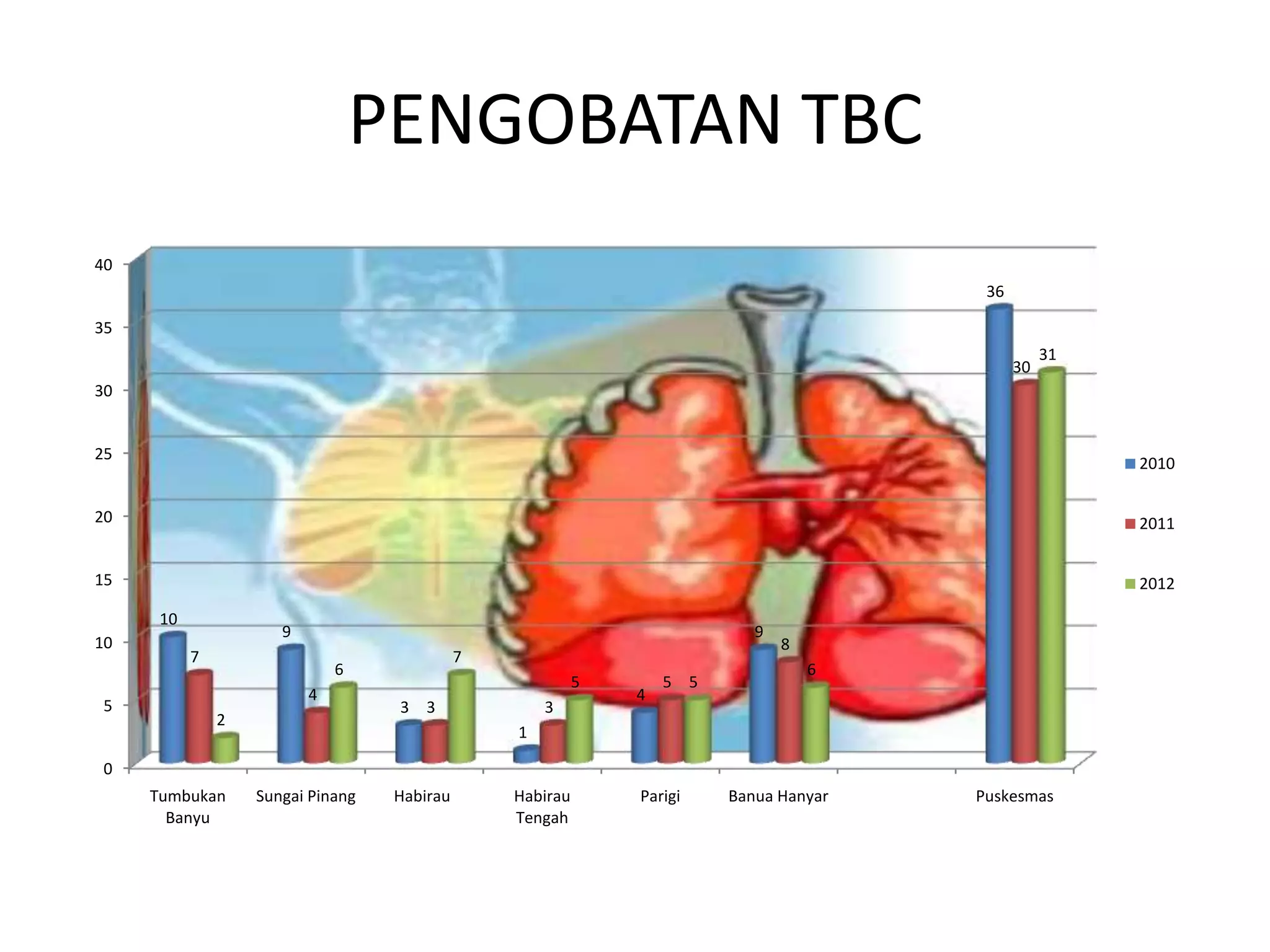 PENGOBATAN TBC
0
5
10
15
20
25
30
35
40
Tumbukan
Banyu
Sungai Pinang Habirau Habirau
Tengah
Parigi Banua Hanyar Puskesmas
10
9
3
1
4
9
36
7
4
3 3
5
8
30
2
6
7
5 5
6
31
2010
2011
2012
 