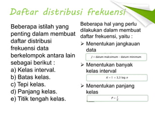 Daftar distribusi frekuensi
Beberapa istilah yang
penting dalam membuat
daftar distribusi
frekuensi data
berkelompok antara lain
sebagai berikut :
a) Kelas interval.
b) Batas kelas.
c) Tepi kelas.
d) Panjang kelas.
e) Titik tengah kelas.
Beberapa hal yang perlu
dilakukan dalam membuat
daftar frekuensi, yaitu :
 Menentukan jangkauan
data
 Menentukan banyak
kelas interval
 Menentukan panjang
kelas
 