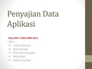 Penyajian Data
Aplikasi
Data HIV/AIDS 2000-2014
Oleh :
 Anisya Maharani
 Dede Iskandar
 Detri Putri Rusdianto
 Mita Endah
 Safitri Lista Santi
 