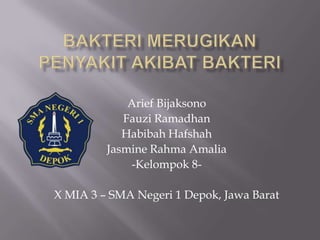 Arief Bijaksono
Fauzi Ramadhan
Habibah Hafshah
Jasmine Rahma Amalia
-Kelompok 8-

X MIA 3 – SMA Negeri 1 Depok, Jawa Barat

 