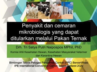Penyakit dan cemaran
mikrobiologis yang dapat
ditularkan melalui Pakan Ternak
Drh. Tri Satya Putri Naipospos MPhil, PhD
Komisi Ahli Kesehatan Hewan, Kesehatan Masyarakat Veteriner
dan Karantina Hewan
Bimbingan Teknis Petugas Pengambil Contoh (PPC) Bersertifikasi
IPB International Convention Center, Bogor, 9 Maret 2020
 