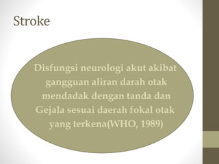 Stroke
• Disfungsi neurologi akut akibat
• gangguan aliran darah otak
• mendadak dengan tanda dan
• Gejala sesuai daerah fokal otak
• yang terkena(WHO, 1989)
 