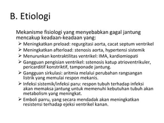 B. Etiologi Mekanisme fisiologi yang menyebabkan gagal jantung mencakup keadaan-keadaan yang: Meningkatkan preload: regurgitasi aorta, cacat septum ventrikel Meningkatkan afterload: stenosis aorta, hypertensi sistemik Menurunkan kontraktilitas ventrikel: IMA, kardiomiopati Gangguan pengisian ventrikel: sstenosis katup atrioventrikuler, pericarditif konstriktif, tamponade jantung. Gangguan sirkulasi: aritmia melalui perubahan rangsangan listrik yang memulai respon mekanis. Infeksi sistemik/infeksi paru: respon tubuh terhadap infeksi akan memaksa jantung untuk memenuhi kebutuhan tubuh akan metabolism yang meningkat.   Emboli parru, yang secara mendadak akan meningkatkan resistensi terhadap ejeksi ventrikel kanan. 