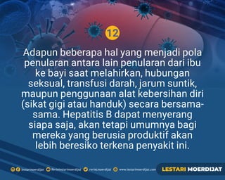 12
Adapun beberapa hal yang menjadi pola
penularan antara lain penularan dari ibu
ke bayi saat melahirkan, hubungan
seksual, transfusi darah, jarum suntik,
maupun penggunaan alat kebersihan diri
(sikat gigi atau handuk) secara bersama-
sama. Hepatitis B dapat menyerang
siapa saja, akan tetapi umumnya bagi
mereka yang berusia produktif akan
lebih beresiko terkena penyakit ini.
Rerielestarimoerdijatlestarimoerdijat rerieLmoerdijat www.lestarimoerdijat.com LESTARI MOERDIJAT
 