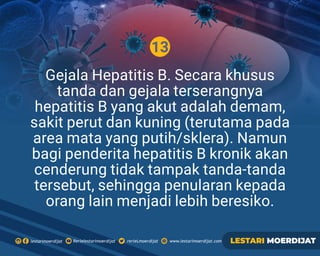 13
Gejala Hepatitis B. Secara khusus
tanda dan gejala terserangnya
hepatitis B yang akut adalah demam,
sakit perut dan kuning (terutama pada
area mata yang putih/sklera). Namun
bagi penderita hepatitis B kronik akan
cenderung tidak tampak tanda-tanda
tersebut, sehingga penularan kepada
orang lain menjadi lebih beresiko.
Rerielestarimoerdijatlestarimoerdijat rerieLmoerdijat www.lestarimoerdijat.com LESTARI MOERDIJAT
 
