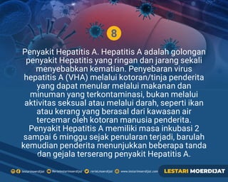 8
Penyakit Hepatitis A. Hepatitis A adalah golongan
penyakit Hepatitis yang ringan dan jarang sekali
menyebabkan kematian. Penyebaran virus
hepatitis A (VHA) melalui kotoran/tinja penderita
yang dapat menular melalui makanan dan
minuman yang terkontaminasi, bukan melalui
aktivitas seksual atau melalui darah, seperti ikan
atau kerang yang berasal dari kawasan air
tercemar oleh kotoran manusia penderita.
Penyakit Hepatitis A memiliki masa inkubasi 2
sampai 6 minggu sejak penularan terjadi, barulah
kemudian penderita menunjukkan beberapa tanda
dan gejala terserang penyakit Hepatitis A.
Rerielestarimoerdijatlestarimoerdijat rerieLmoerdijat www.lestarimoerdijat.com LESTARI MOERDIJAT
 