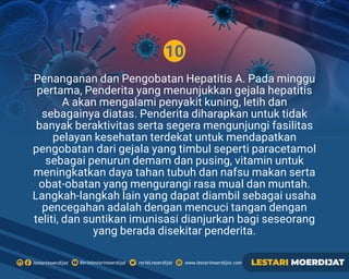 10
Penanganan dan Pengobatan Hepatitis A. Pada minggu
pertama, Penderita yang menunjukkan gejala hepatitis
A akan mengalami penyakit kuning, letih dan
sebagainya diatas. Penderita diharapkan untuk tidak
banyak beraktivitas serta segera mengunjungi fasilitas
pelayan kesehatan terdekat untuk mendapatkan
pengobatan dari gejala yang timbul seperti paracetamol
sebagai penurun demam dan pusing, vitamin untuk
meningkatkan daya tahan tubuh dan nafsu makan serta
obat-obatan yang mengurangi rasa mual dan muntah.
Langkah-langkah lain yang dapat diambil sebagai usaha
pencegahan adalah dengan mencuci tangan dengan
teliti, dan suntikan imunisasi dianjurkan bagi seseorang
yang berada disekitar penderita.
Rerielestarimoerdijatlestarimoerdijat rerieLmoerdijat www.lestarimoerdijat.com LESTARI MOERDIJAT
 