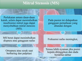 Mitral Stenosis (MS)
Perlekatan antara daun-daun
katub, selain dapat menimbulkan
insufisiensi mitral juga dapat
menyebabkan mitral stenosis
(MS).
MS berat dapat menimbulkan
dispneu atau gangguan nafas
Ortopneu atau sesak saat
berbaring dan palpitasi
Pada pasien ini didapatkan
gangguan pernafasan yang
ditandai dengan
Frekuensi nafas meningkat,
Terasa lebih nyaman jika posisi
kepala ditinggikan dan dada
berdebar-debar
 