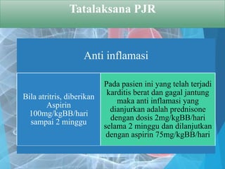 Anti inflamasi
Bila atritris, diberikan
Aspirin
100mg/kgBB/hari
sampai 2 minggu
Pada pasien ini yang telah terjadi
karditis berat dan gagal jantung
maka anti inflamasi yang
dianjurkan adalah prednisone
dengan dosis 2mg/kgBB/hari
selama 2 minggu dan dilanjutkan
dengan aspirin 75mg/kgBB/hari
Tatalaksana PJR
 