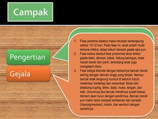 Pengertian
Gejala
Campak yaitu penyakit akut menular
yang dikarenakan oleh virus.
umumnya menyerang anak-anak.
tanda-tanda awal campak yaitu
demam, pilek, bersin, badan merasa
lesu, sakit kepala, nafsu makan alami
penurunanmencolokserta radang
mata. sesudahsekian hari dari tanda-
tanda tersebut timbul ruam merah
yang gatal, jadi tambah besar,
tersebar ke bagian-bagian tubuh.
1. Fase pertama disebut masa inkubasi berlangsung
sekitar 10-12 hari. Pada fase ini, anak sudah mulai
terkena infeksi, tetapi belum tampak gejala apa pun.
2. Fase kedua disebut fase prodormal akan timbul
gejala lelah, demam, batuk, hidung beringus, mata
merah berair dan perih, terkadang anak juga
mengalami diare.
3. Fase ketiga ditandai dengan keluarnya bercak merah
seiring dengan demam tinggi yang terjadi. Namun,
bercak tidak langsung muncul di seluruh tubuh,
melainkan bertahap dan merambat. Mulai dari
belakang kuping, leher, dada, muka, tangan, dan
kaki. Umumnya jika bercak merahnya sudah keluar,
demam akan turun dengan sendirinya. Bercak merah
pun makin lama menjadi kehitaman dan bersisik
(hiperpigmentasi), rontok, dan sembuh dengan
sendirinya.
 
