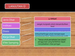 Jenis Obat
Indikasi
Dosis
Kerja Obat
Efek Samping
LANJUTAN 
3. Ichtiyol
sangat munjarab untuk menyembuhkan
bisul
1. dioleskan di sekitar bisul 2 – 3 kali sehari
Ichtiyol berfungsi untuk mempercepat
pematangan bisul. Sehingga kotoran putih
mudah dikeluarkan
1. “hanya untuk pemakaian luar tubuh”
penggunaan yang berlebihan dapat
menyebabkan iritasi jaringan
 