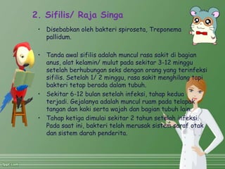 2. Sifilis/ Raja Singa
• Disebabkan oleh bakteri spiroseta, Treponema
pallidum.
• Tanda awal sifilis adalah muncul rasa sakit di bagian
anus, alat kelamin/ mulut pada sekitar 3-12 minggu
setelah berhubungan seks dengan orang yang terinfeksi
sifilis. Setelah 1/ 2 minggu, rasa sakit menghilang tapi
bakteri tetap berada dalam tubuh.
• Sekitar 6-12 bulan setelah infeksi, tahap kedua
terjadi. Gejalanya adalah muncul ruam pada telapak
tangan dan kaki serta wajah dan bagian tubuh lain.
• Tahap ketiga dimulai sekitar 2 tahun setelah infeksi.
Pada saat ini, bakteri telah merusak sistem saraf otak
dan sistem darah penderita.
 