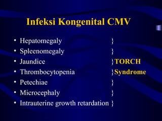 Infeksi Kongenital CMV
•   Hepatomegaly                    }
•   Spleenomegaly                   }
•   Jaundice                        }TORCH
•   Thrombocytopenia                }Syndrome
•   Petechiae                       }
•   Microcephaly                    }
•   Intrauterine growth retardation }
 