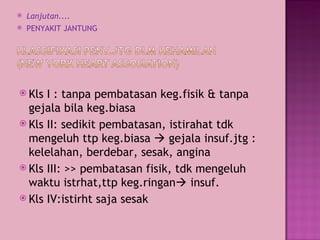 Kls I : tanpa pembatasan keg.fisik & tanpa gejala bila keg.biasa Kls II: sedikit pembatasan, istirahat tdk mengeluh ttp keg.biasa    gejala insuf.jtg : kelelahan, berdebar, sesak, angina Kls III: >> pembatasan fisik, tdk mengeluh waktu istrhat,ttp keg.ringan   insuf. Kls IV:istirht saja sesak Lanjutan.... PENYAKIT JANTUNG  