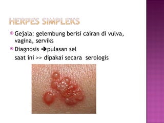 Gejala: gelembung berisi cairan di vulva, vagina, serviks Diagnosis   pulasan sel saat ini >> dipakai secara  serologis 