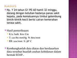Ny. Y 24 tahun G1 P0 A0 hamil 32 minggu, datang dengan keluhan badanya panas sakit kepala, pada kemaluannya timbul gelembung bintik-bintik kecil berisi cairan kemerahan terasa sakit. Hasil pemeriksaan:  K/u: baik  Kes: Cm  T: 120/80 mmHg  N: 80x/mnt  RR: 20x/mnt  S: 38 ° C Kembangkanlah data diatas dan berdasarkan data tersebut buatlah asuhan kebidanan dalam bentuk SOAP.. 