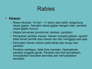 Rabies
• Hewan
– Masa inkubasi: 10 hari - >1 tahun atau lebih, tergantung
lokasi gigitan. Semakin dekat gigitan dengan ota...