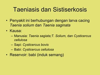 Taeniasis dan Sistiserkosis
• Manusia
– Masa inkubasi pada manusia terserang sistiserkosis
adalah 10-12 hari, taenisiasi 8...