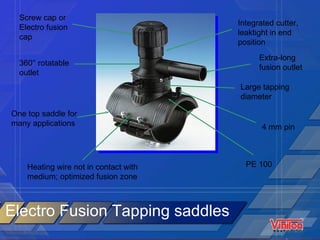 Screw cap or Electro fusion cap 360° rotatable outlet Large tapping diameter One top saddle for many applications Heating wire not in contact with medium; optimized fusion zone PE 100 4 mm pin Extra-long fusion outlet Integrated cutter, leaktight in end  position Electro Fusion Tapping saddles 