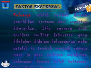 FAKTOR EKSTERNAL
Keluarga adalah tempat dimana
pendidikan pertama dari orangtua
diterapkan. Jika seorang anak
terbiasa melihat kekerasan yang
dilakukan didalam keluarganya maka
setelah ia tumbuh menjadi remaja
maka ia akan terbiasa melakukan
kekerasan karena inilah kebiasaan
PENYEBAB
8
Manajemen Pertambangan & Energi TA. ANIS
 
