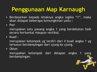 Penggunaan Map KarnaughPenggunaan Map Karnaugh
• Berdasarkan kepada letaknya angka logika “1”, makaBerdasarkan kepada letaknya angka logika “1”, maka
akan didapat beberapa kemungkinan yaitu :akan didapat beberapa kemungkinan yaitu :
• PairPair
merupakan satu pasang angka 1 yang berdekatan baikmerupakan satu pasang angka 1 yang berdekatan baik
secara horisontal maupun vertikal.secara horisontal maupun vertikal.
• Kuad :Kuad :
merupakan kelompok yg terdiri dari 4 buah angka 1 ygmerupakan kelompok yg terdiri dari 4 buah angka 1 yg
tersusun berdampingan dari ujung ke ujung.tersusun berdampingan dari ujung ke ujung.
• OktetOktet
merupakan kelompok dari delapan angka 1 yangmerupakan kelompok dari delapan angka 1 yang
berdampingan.berdampingan.
 