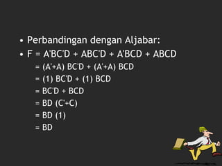 • Perbandingan dengan Aljabar:
• F = A'BC'D + ABC'D + A'BCD + ABCD
= (A'+A) BC'D + (A'+A) BCD
= (1) BC'D + (1) BCD
= BC'D + BCD
= BD (C'+C)
= BD (1)
= BD
 