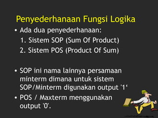 Penyederhanaan Fungsi Logika
• Ada dua penyederhanaan:
1. Sistem SOP (Sum Of Product)
2. Sistem POS (Product Of Sum)
• SOP ini nama lainnya persamaan
minterm dimana untuk sistem
SOP/Minterm digunakan output '1‘
• POS / Maxterm menggunakan
output '0'.
 