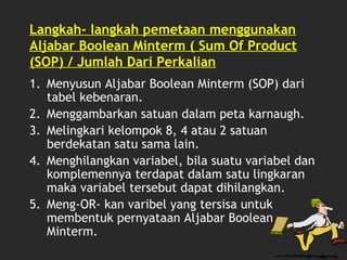 Langkah- langkah pemetaan menggunakan
Aljabar Boolean Minterm ( Sum Of Product
(SOP) / Jumlah Dari Perkalian
1. Menyusun Aljabar Boolean Minterm (SOP) dari
tabel kebenaran.
2. Menggambarkan satuan dalam peta karnaugh.
3. Melingkari kelompok 8, 4 atau 2 satuan
berdekatan satu sama lain.
4. Menghilangkan variabel, bila suatu variabel dan
komplemennya terdapat dalam satu lingkaran
maka variabel tersebut dapat dihilangkan.
5. Meng-OR- kan varibel yang tersisa untuk
membentuk pernyataan Aljabar Boolean
Minterm.
 