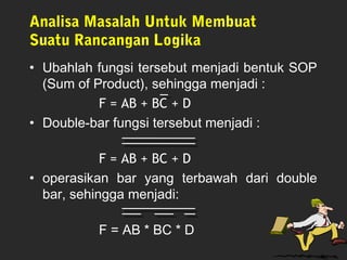 Analisa Masalah Untuk Membuat
Suatu Rancangan Logika
• Ubahlah fungsi tersebut menjadi bentuk SOP
(Sum of Product), sehingga menjadi :
F = AB + BC + D
• Double-bar fungsi tersebut menjadi :
F = AB + BC + D
• operasikan bar yang terbawah dari double
bar, sehingga menjadi:
F = AB * BC * D
 