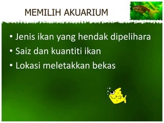 MEMILIH AKUARIUM

• Jenis ikan yang hendak dipelihara
• Saiz dan kuantiti ikan
• Lokasi meletakkan bekas
 