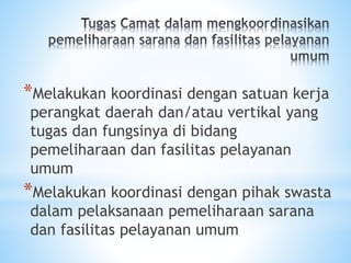*Melakukan koordinasi dengan satuan kerja
perangkat daerah dan/atau vertikal yang
tugas dan fungsinya di bidang
pemeliharaan dan fasilitas pelayanan
umum
*Melakukan koordinasi dengan pihak swasta
dalam pelaksanaan pemeliharaan sarana
dan fasilitas pelayanan umum
 