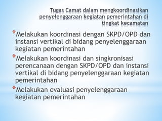 *Melakukan koordinasi dengan SKPD/OPD dan
instansi vertikal di bidang penyelenggaraan
kegiatan pemerintahan
*Melakukan koordinasi dan singkronisasi
perencanaan dengan SKPD/OPD dan instansi
vertikal di bidang penyelenggaraan kegiatan
pemerintahan
*Melakukan evaluasi penyelenggaraan
kegiatan pemerintahan
 