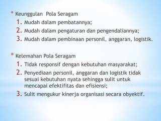 * Keunggulan Pola Seragam
1. Mudah dalam pembatannya;
2. Mudah dalam pengaturan dan pengendaliannya;
3. Mudah dalam pembinaan personil, anggaran, logistik.
* Kelemahan Pola Seragam
1. Tidak responsif dengan kebutuhan masyarakat;
2. Penyediaan personil, anggaran dan logistik tidak
sesuai kebutuhan nyata sehingga sulit untuk
mencapai efektifitas dan efisiensi;
3. Sulit mengukur kinerja organisasi secara obyektif.
 