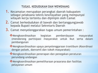 1. Kecamatan merupakan perangkat daerah kabupaten
sebagai pelaksana teknis kewilayahan yang mempunyai
wilayah kerja tertentu dan dipimpin oleh Camat
2. Camat berkedudukan di bawah dan bertanggungjawab
kepada Bupati melalui Sekretaris Daerah
3. Camat menyelenggarakan tugas umum pemerintahan :
Mengkoordinasikan kegiatan pemberdayaan masyarakat
(mendorong partisipasi masyarakat untuk ikut serta dalam
pembangunan
Mengkoordinasikan upaya penyelenggaraan trantibum (Koordinasi
dengan polsek, danramil dan tokoh masyarakat)
Mengkoordinasikan penerapan dan penegakan peraturan
perundang-undangan
Mengkoordinasikan pemeliharaan prasarana dan fasilitas
pelayanan umum
 