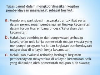 a. Mendorong partisipasi masyarakat untuk ikut serta
dalam perencanaan pembangunan lingkup kecamatan
dalam forum Musrembang di desa/kelurahan dan
kecamatan;
b. Malakukan pembinaan dan pengawasan terhadap
keseluruhan unit kerja pemerintah maupn swasta yang
menpunyai program kerja dan kegiatan pemberdayaan
masyarakat di wilayah kerja kecamatan;
c. Melakukan evaluasi terhadap berbagai kegiatan
pemberdayaan masyarakat di wilayah kecamatan baik
yang dilakukan oleh pemerintah maupun oleh swasta;
 