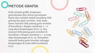 METODE GRAFIK
Pada metode grafik, himpunan
penyelesaian dari sistem persamaan
linear dua variabel adalah koordinat titik
potong dua garis tersebut. Jadi Anda
harus mencari titik potong garis tersebut
di koordinat y dengan membuat x = 0
yang akan berpotongan di (0, y), dan
mencari titik potong garis tersebut di
koordinat x dengan membuat y = 0 yang
akan berpotongan di (x, 0). Kemudian
menarik kedua garis tersebut sehingga
berpotongan di suatu titik koordianat
(x,y).
 