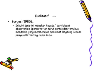 Kualitatif
• Burges (1985)..
– Inkuiri jenis ini menekan kepada `participant
observation’ (pemerhatian turut serta) dan temubual
mendalam yang memberikan maklumat langsung kepada
penyelidik tentang dunia sosial.
 