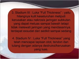 3. Stadium III : Luka “Full Thickness” : yaitu
hilangnya kulit keseluruhan meliputi
kerusakan atau nekrosis jaringan subkutan
yang dapat meluas sampai bawah tetapi
tidak melewati jaringan yang mendasarinya.
terdapat exsudat dari sedikit sampai sedang
4. Stadium IV : Luka “Full Thickness” yang
telah mencapai lapisan otot, tendon dan
tulang dengan adanya destruksi/kerusakan
yang luas.
 