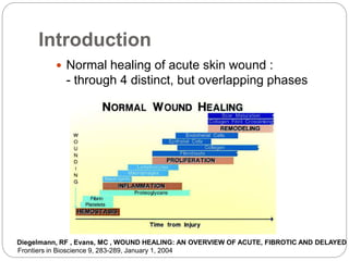 Introduction
 Normal healing of acute skin wound :
- through 4 distinct, but overlapping phases
Diegelmann, RF , Evans, MC , WOUND HEALING: AN OVERVIEW OF ACUTE, FIBROTIC AND DELAYED H
Frontiers in Bioscience 9, 283-289, January 1, 2004
 