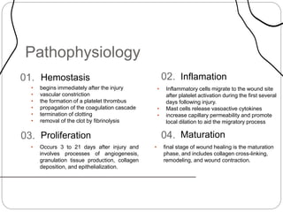 Pathophysiology
Hemostasis
• begins immediately after the injury
• vascular constriction
• the formation of a platelet thrombus
• propagation of the coagulation cascade
• termination of clotting
• removal of the clot by fibrinolysis
01.
Proliferation
• Occurs 3 to 21 days after injury and
involves processes of angiogenesis,
granulation tissue production, collagen
deposition, and epithelialization.
03.
Inflamation
• Inflammatory cells migrate to the wound site
after platelet activation during the first several
days following injury.
• Mast cells release vasoactive cytokines
• increase capillary permeability and promote
local dilation to aid the migratory process
02.
Maturation
• final stage of wound healing is the maturation
phase, and includes collagen cross-linking,
remodeling, and wound contraction.
04.
 