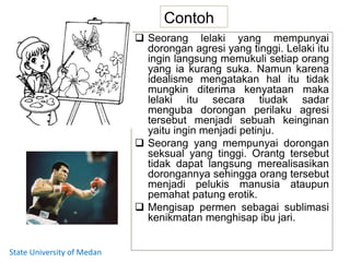 Contoh
 Seorang lelaki yang mempunyai
dorongan agresi yang tinggi. Lelaki itu
ingin langsung memukuli setiap orang
yang ia kurang suka. Namun karena
idealisme mengatakan hal itu tidak
mungkin diterima kenyataan maka
lelaki itu secara tiudak sadar
menguba dorongan perilaku agresi
tersebut menjadi sebuah keinginan
yaitu ingin menjadi petinju.
 Seorang yang mempunyai dorongan
seksual yang tinggi. Orantg tersebut
tidak dapat langsung merealisasikan
dorongannya sehingga orang tersebut
menjadi pelukis manusia ataupun
pemahat patung erotik.
 Mengisap permen sebagai sublimasi
kenikmatan menghisap ibu jari.
State University of Medan
 