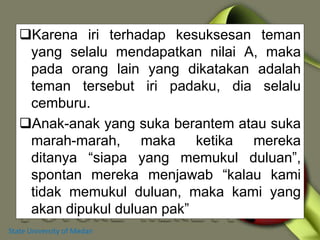 Karena iri terhadap kesuksesan teman
yang selalu mendapatkan nilai A, maka
pada orang lain yang dikatakan adalah
teman tersebut iri padaku, dia selalu
cemburu.
Anak-anak yang suka berantem atau suka
marah-marah, maka ketika mereka
ditanya “siapa yang memukul duluan”,
spontan mereka menjawab “kalau kami
tidak memukul duluan, maka kami yang
akan dipukul duluan pak”
State University of Medan
 