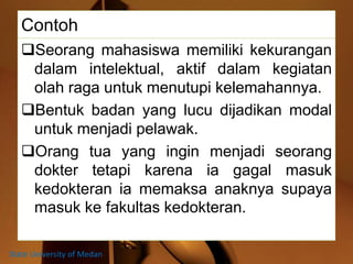 Contoh
Seorang mahasiswa memiliki kekurangan
dalam intelektual, aktif dalam kegiatan
olah raga untuk menutupi kelemahannya.
Bentuk badan yang lucu dijadikan modal
untuk menjadi pelawak.
Orang tua yang ingin menjadi seorang
dokter tetapi karena ia gagal masuk
kedokteran ia memaksa anaknya supaya
masuk ke fakultas kedokteran.
State University of Medan
 
