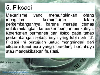 5. Fiksasi
Mekanisme yang memungkinkan orang
mengalami kemunduran dalam
perkembangannya, karena merasa cemas
untuk melangkah ke perkembangan berikutnya.
Keterikatan permanen dari libido pada tahap
perkembangan sebelumnya yang lebih primitif.
Fiksasi ini bertujuan untuk menghindari dari
situasi-situasi baru yang dipandang berbahaya
atau mengakibatkan frustasi.
State University of Medan
 