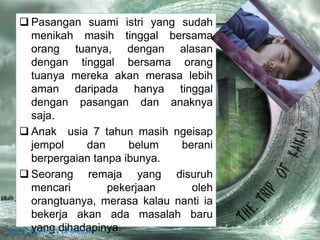  Pasangan suami istri yang sudah
menikah masih tinggal bersama
orang tuanya, dengan alasan
dengan tinggal bersama orang
tuanya mereka akan merasa lebih
aman daripada hanya tinggal
dengan pasangan dan anaknya
saja.
 Anak usia 7 tahun masih ngeisap
jempol dan belum berani
berpergaian tanpa ibunya.
 Seorang remaja yang disuruh
mencari pekerjaan oleh
orangtuanya, merasa kalau nanti ia
bekerja akan ada masalah baru
yang dihadapinya.State University of Medan
 