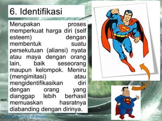 6. Identifikasi
Merupakan proses
memperkuat harga diri (self
esteem) dengan
membentuk suatu
persekutuan (aliansi) nyata
atau maya dengan orang
lain, baik seseorang
maupun kelompok. Meniru
(mengimitasi) atau
mengidentifikasikan diri
dengan orang yang
dianggap lebih berhasil
memuaskan hasratnya
diabanding dengan dirinya.
State University of Medan
 