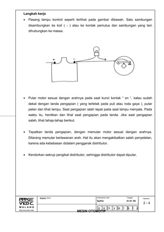 Langkah kerja
• Pasang lampu kontrol seperti terlihat pada gambar dibawah. Satu sambungan
disambungkan ke koil ( - ) atau ke kontak pemutus dan sambungan yang lain
dihubungkan ke massa.
• Putar motor sesuai dengan arahnya pada saat kunci kontak “ on “. kalau sudah
dekat dengan tanda pengapian ( yang terletak pada puli atau roda gaya ), putar
pelan dan lihat lampu. Saat pengapian ialah tepat pada saat lampu menyala. Pada
waktu itu, hentikan dan lihat saat pengapian pada tanda. Jika saat pengapian
salah, lihat tahap-tahap berikut.
• Tepatkan tanda pengapian, dengan memutar motor sesuai dengan arahnya.
Dilarang memutar berlawanan arah. Hal itu akan mengakibatkan salah penyetelan,
karena ada kebebasan didalam penggerak distributor.
• Kendorkan sekrup pengikat distributor, sehingga distributor dapat diputar.
Dikeluarkan oleh : Tanggal :
Sp/Par 01.01.’00
Program Studi :
MESIN OTOMOTIF
N a m a : Halaman :
2 - 4
p e n y e t e l a
n t a n p a l a
 