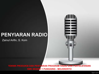 PENYIARAN RADIO
Zainul Arifin, S. Kom
TEKNIK PRODUKSI DAN PENYIARAN PROGRAM RADIO DAN PERTELEVISIAN
SMK NEGERI 1 PUNGGING - MOJOKERTO
 