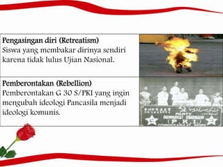 Pengasingan diri (Retreatism)
Siswa yang membakar dirinya sendiri
karena tidak lulus Ujian Nasional.
Pemberontakan (Rebellion)
Pemberontakan G 30 S/PKI yang ingin
mengubah ideologi Pancasila menjadi
ideologi komunis.
 