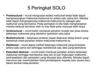 5 Peringkat SOLO
? Prestructural C murid menguasai sedikit maklumat tetapi tidak dapat
menghubungkan maklumat-maklumat itu antara satu sama lain. Mereka
tidak dapat mengorganisasi maklumat-maklumat itu sebagai satu
maklumat yang bermakna. Pada peringkat ini kita tidak mengharapkan
mereka berbuat demikian oleh itu kita tidak perlu menyoal lebih lanjut
? Unistructural C murid boleh membuat pertalian mudah dan jelas antara
beberapa maklumat yang diketahui (pertalian satu-satu)
? Multistructural C beberapa pertalian dapat dilakukan tetapi bukan yang
berbentuk meta-pertalian antara maklumat-maklumat itu
? Relational C murid dapat melihat beberapa maklumat yang berkaitan
antara satu sama lain sehingga membentuk satu idea yang bermakna
? Extended abstract C murid boleh membuat pertalian antara beberapa
maklumat sehingga membentuk idea lain di luar lingkungan maklumat,
permasalahan dan persoalan yang dikuasai atau diterima. Mereka dapat
merumus dan memindahkan hasil pembelajaran kepada satu situasi baru
dalam bentuk meta-pertalian
 